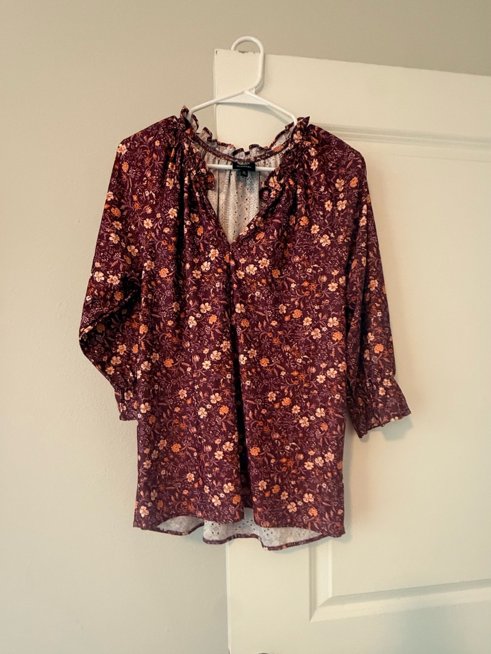 bobeau Burgundy Floral Peasant Blouse